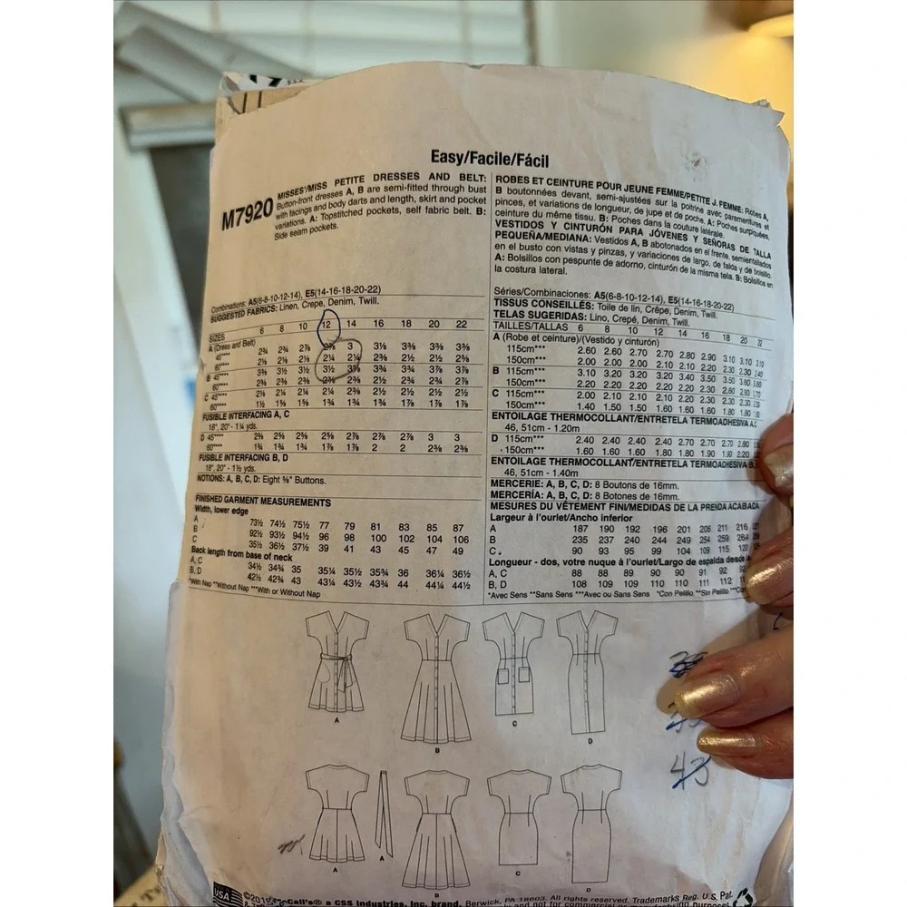 McCalls M7920 Dress Sewing Pattern V-Neck Button Front Size 14 Cut Complete